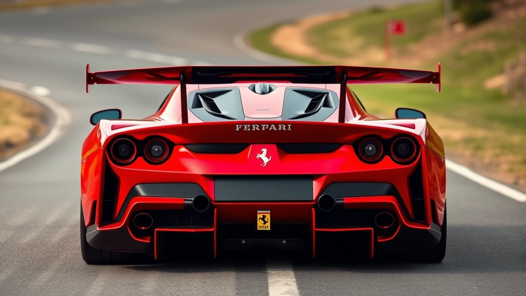 Ferrari SF90 Stradale hybrid hypercar in metallic red, photographed from rear three-quarter view highlighting aggressive wing and aerodynamic elements, curved road background, professional studio-quality automotive imagery