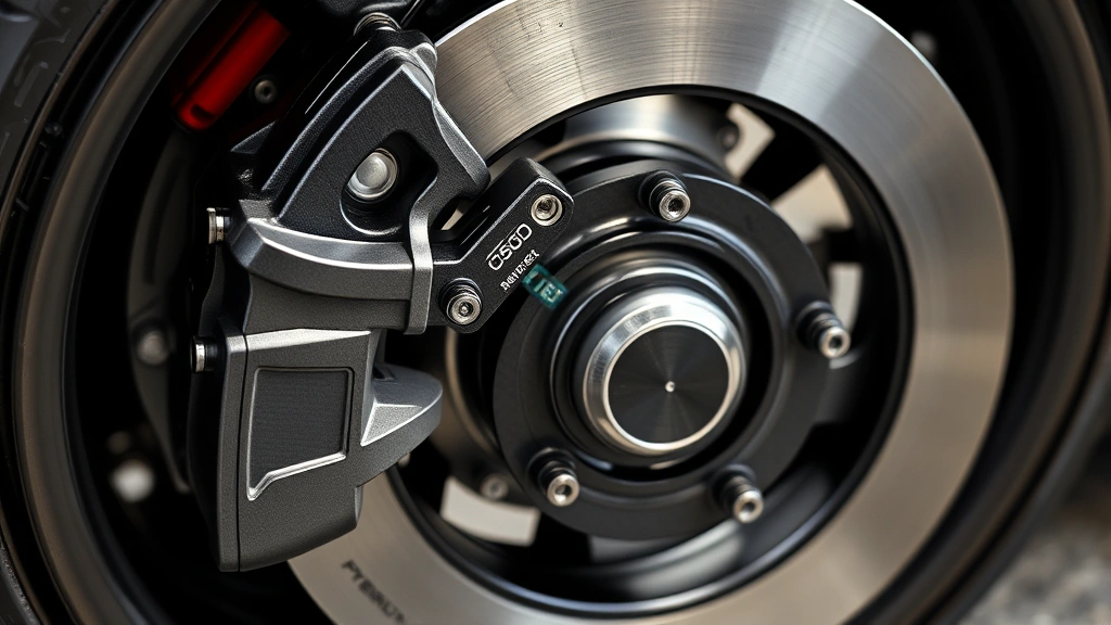 Detailed mechanical photograph of high-performance sports car brake system featuring carbon ceramic rotors, titanium calipers, and precision engineering without visible text or labels