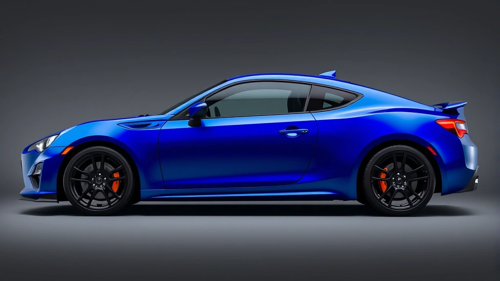 Compact sports coupe in vibrant blue, side profile showing aggressive stance and wheels, racing heritage aesthetic, professional automotive lighting, no visible badging or text elements