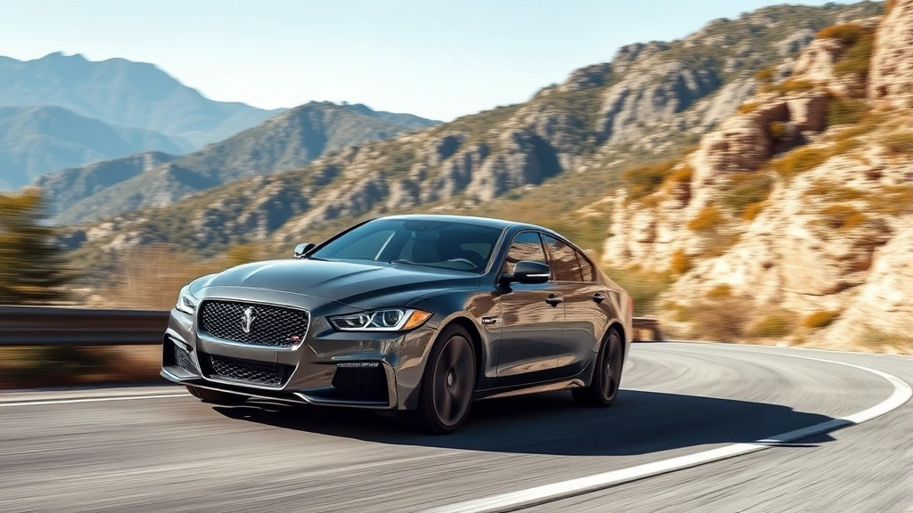 Dynamic action photograph of charcoal gray sedan cornering on mountain road, motion blur background, clear sunny conditions, professional automotive imagery