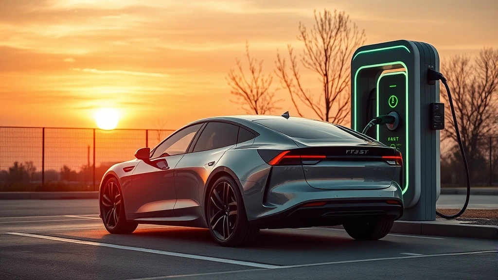 Electric sedan charging at fast-charging station at sunset, futuristic design, showcasing modern transportation evolution