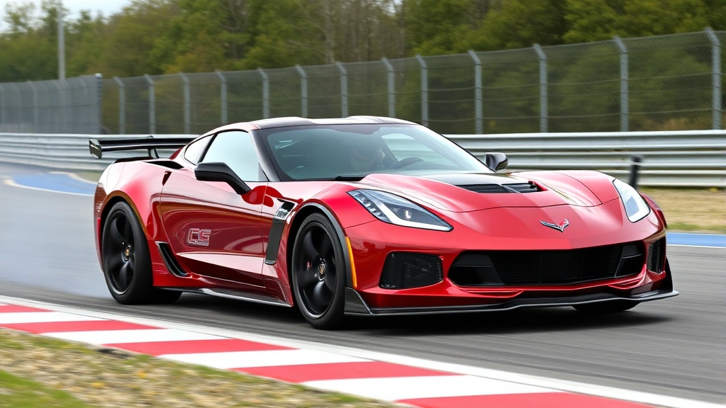 Performance sports car Chevrolet Corvette Z06 on racing track, aggressive stance, carbon fiber aerodynamic elements, speed and power demonstration