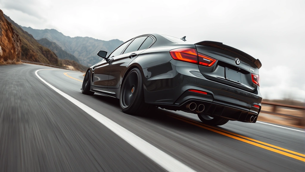Performance sedan driving on winding mountain road, dynamic motion blur background, low-angle perspective emphasizing aerodynamic styling and aggressive stance