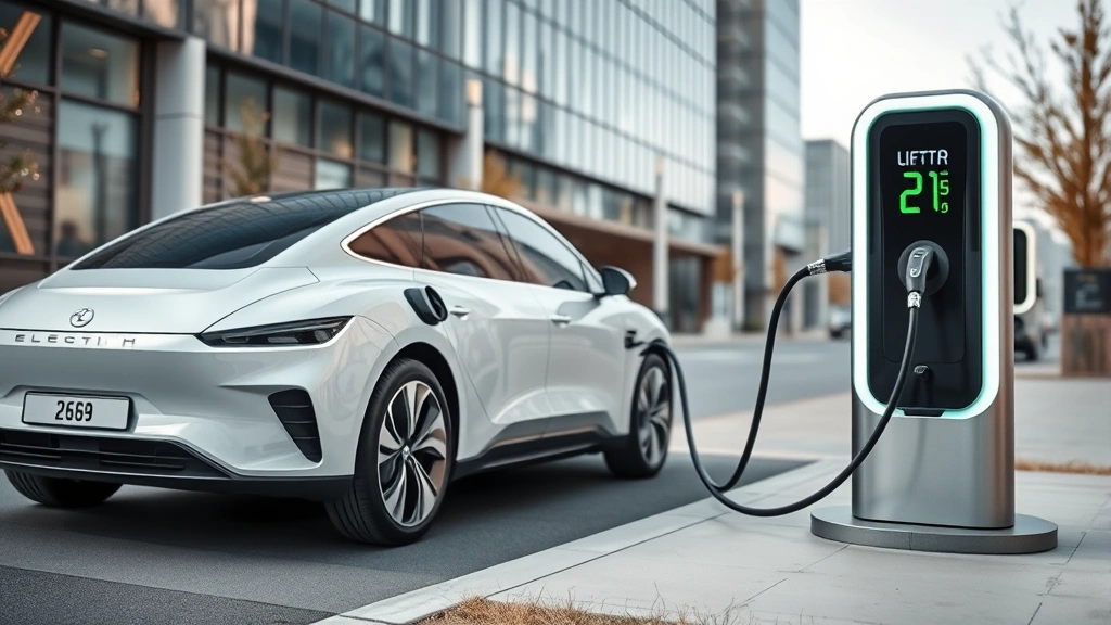 Electric sedan charging at public charging station, modern minimalist design, white or silver exterior, futuristic charging cable connection, urban setting with contemporary architecture background, emphasizing eco-friendly technology