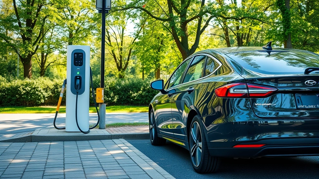 Electric vehicle charging at public charging station with natural surroundings, representing modern sustainable transportation and automotive technology transition