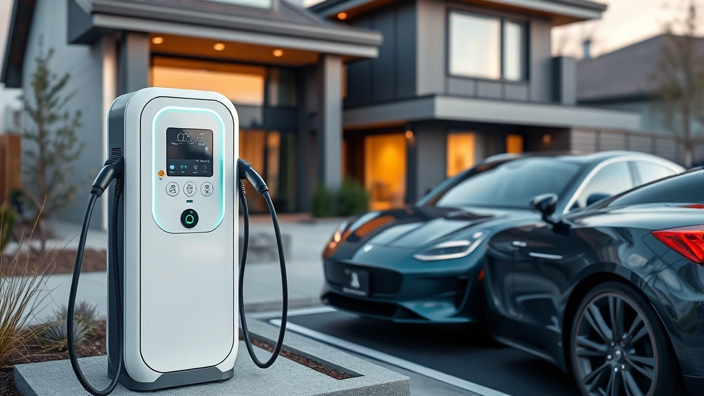 Electric vehicle charging at home charging station with contemporary residential architecture in background