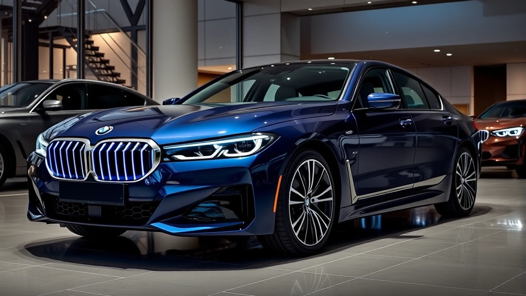 2024 BMW i7 xDrive50 luxury electric sedan in dark blue, illuminated LED grille, sophisticated side profile, premium automotive showroom environment