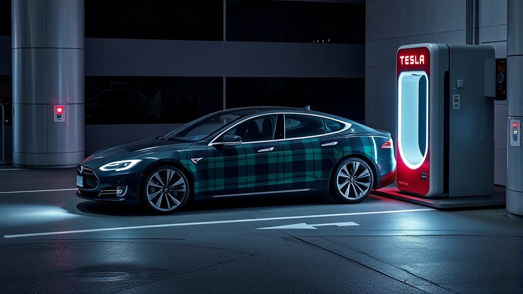 Modern electric Tesla Model S Plaid sedan charging at futuristic charging station with sleek design