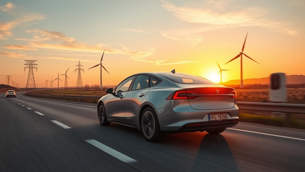 Electric vehicle driving on highway at sunset with visible charging infrastructure in background, modern sedan design with aerodynamic profile, landscape showing power transmission lines and renewable energy wind turbines, photorealistic perspective