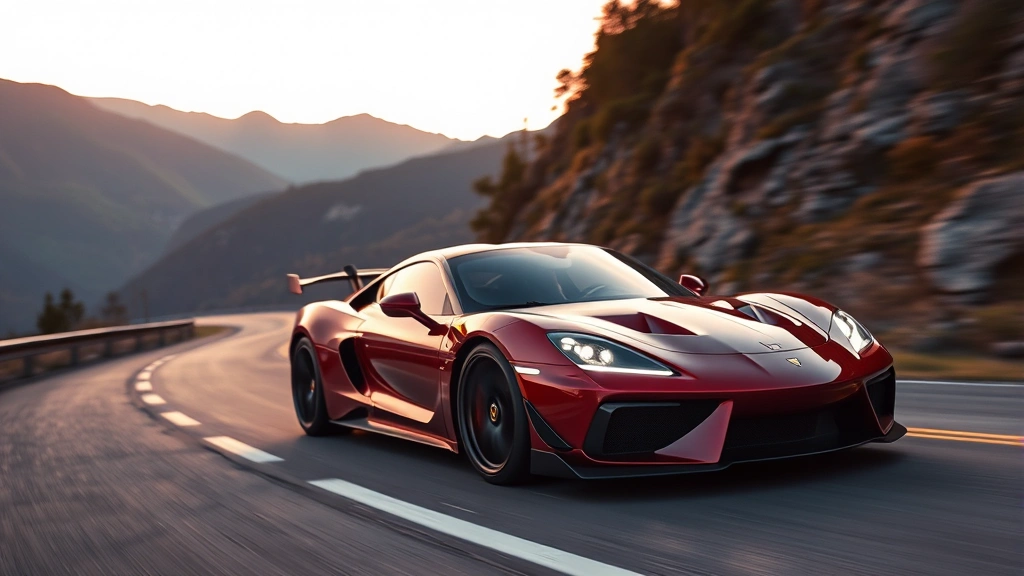 Performance sports car on winding mountain road with dynamic lighting, aggressive styling, responsive handling capability, enthusiast driving experience