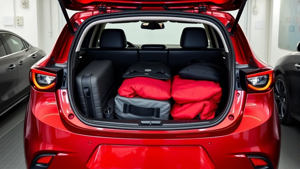 Mazda3 Hatchback Soul Red Crystal metallic cargo area open with luggage packed flexible interior space demonstration modern garage setting