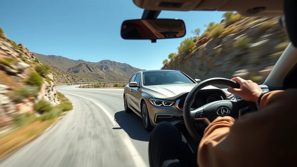 Hands-on driving test of luxury sedan on winding mountain road, dynamic action shot showing vehicle handling and road presence