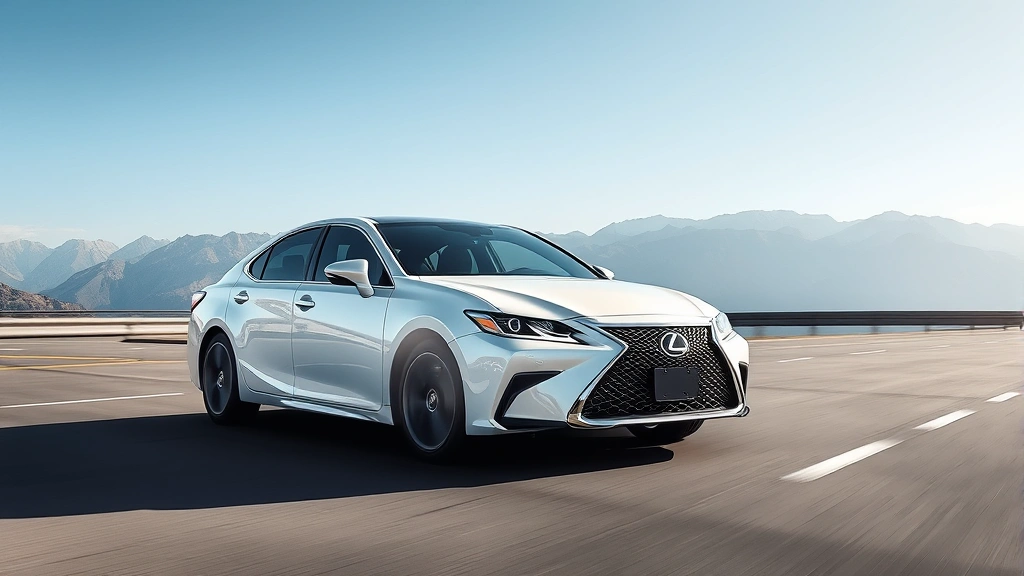 Luxury Lexus ES sedan in pearl white driving on smooth highway with mountains in distant background, serene atmosphere, professional automotive photography