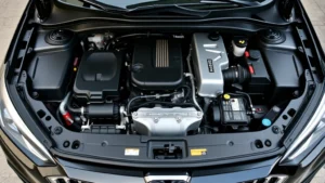Modern hybrid sedan engine compartment showing battery pack, electric motor, and traditional engine components integrated together, professional automotive photography, daylight lighting, clean and detailed