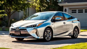 Modern silver Toyota Prius Prime hybrid sedan parked in sunlit driveway, sleek aerodynamic design, contemporary automotive photography