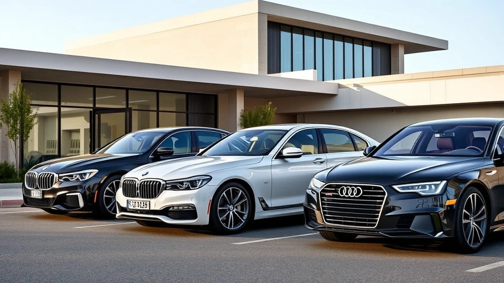 2024 luxury sedan lineup featuring BMW 7 Series, Mercedes-Benz S-Class, and Audi A8 parked in upscale setting with modern architecture, showcasing premium design and elegant proportions