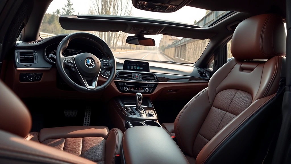 Professional automotive photography of luxury sedan interior showing leather seats, modern dashboard with digital displays, and premium steering wheel in natural lighting