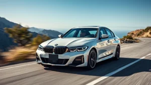 2024 BMW 3 Series M340i in alpine white driving on coastal mountain road, sharp handling dynamics, professional automotive photography