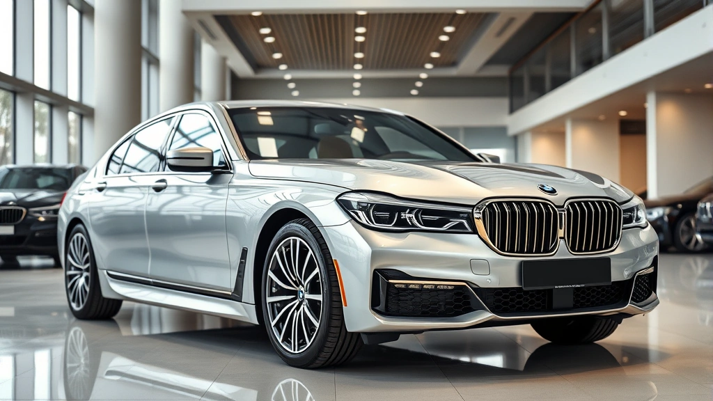 Luxury BMW 7 Series sedan in silver metallic, photographed from three-quarter front angle in premium dealership showroom setting with contemporary architecture