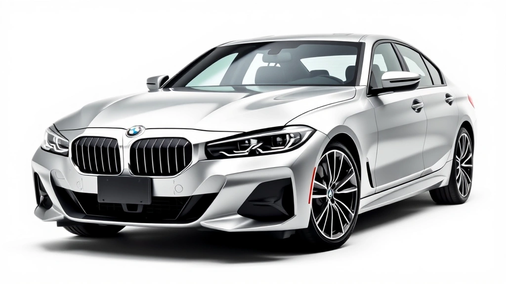 Sleek silver BMW 340i luxury sedan photographed from three-quarter angle, showcasing aggressive front grille and sculpted body lines, professional studio lighting, clean white background
