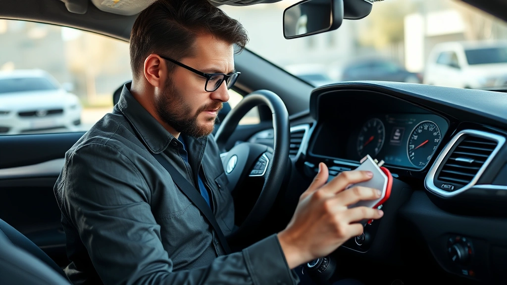 Professional automotive journalist evaluating vehicle interior dashboard and controls with notepad, daylight studio setting, focused expression on features