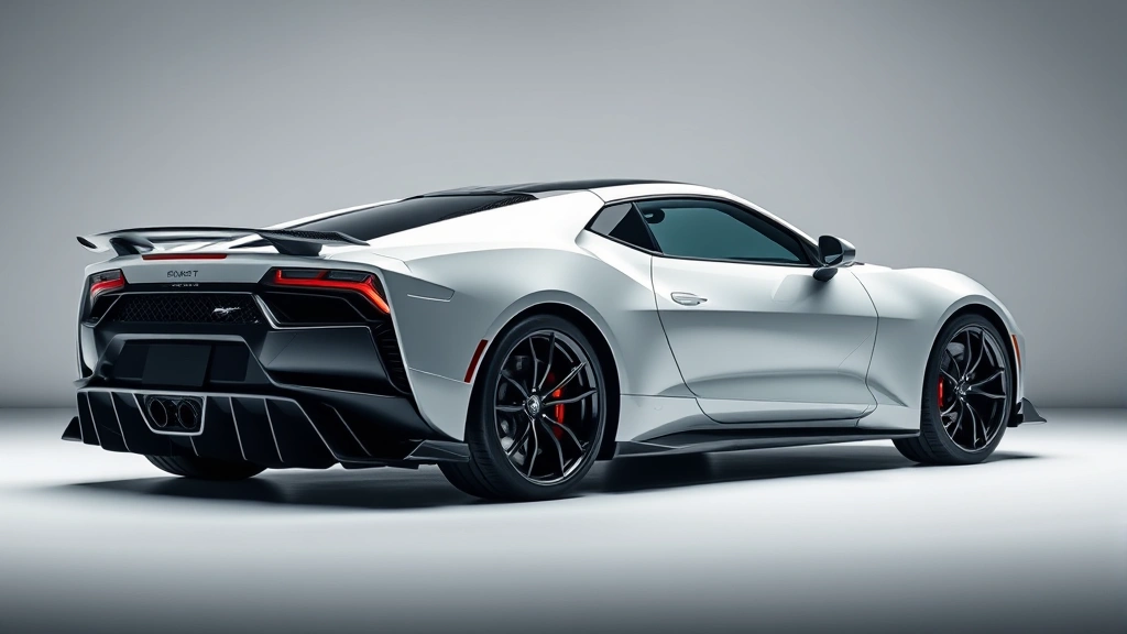 High-performance sports car with sleek aerodynamic design, captured from three-quarter angle in professional automotive photography studio lighting, showcasing muscular body lines and aggressive stance