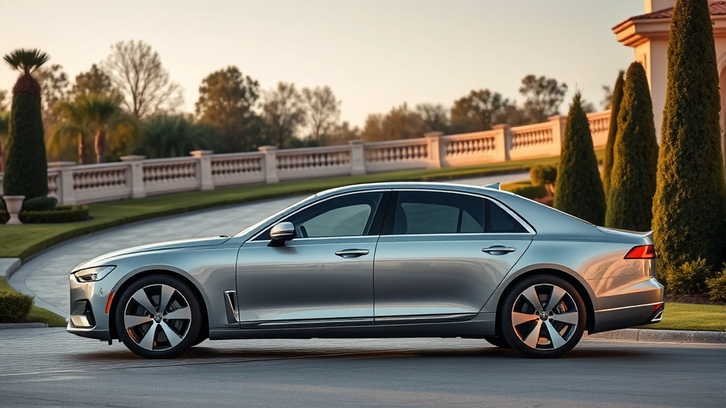 2024 luxury sedan parked on elegant curved driveway, sleek profile showcasing chrome details and premium exterior design, professional automotive photography