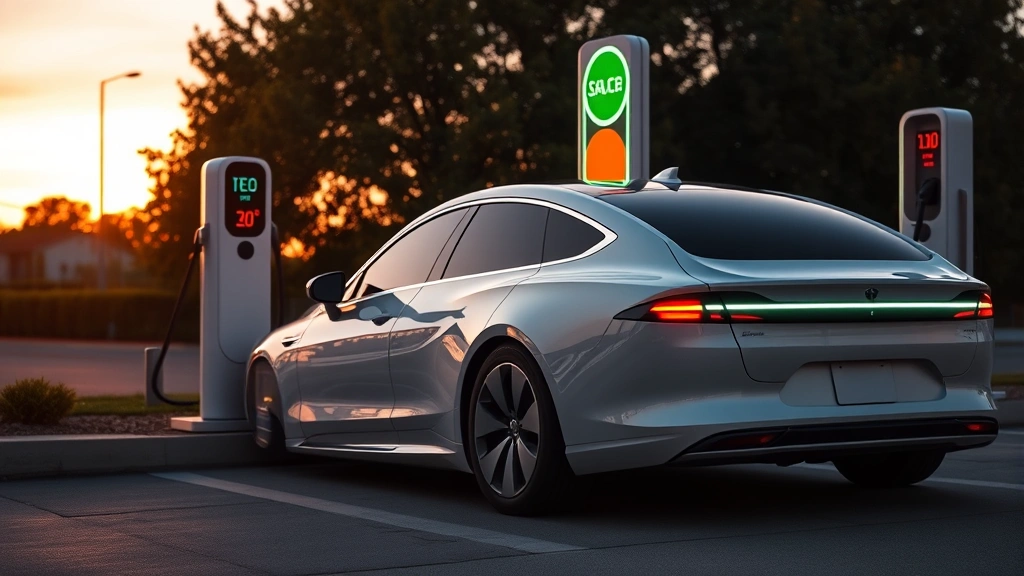 Modern electric sedan charging at public DC fast charger, sleek contemporary design, sunset lighting, clean minimalist setting
