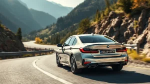 2024 BMW 3 Series sedan in silver driving on scenic mountain road with sharp curves, professional automotive photography, daylight, dynamic angle