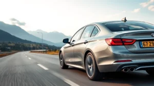 Professional automotive journalist testing vehicle on highway with confidence and expertise, modern sedan in motion against scenic landscape