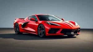 2024 Chevrolet Corvette C8 mid-engine sports car in bright red, shot from three-quarter angle on smooth asphalt, dramatic lighting highlighting muscular curves and aggressive front fascia