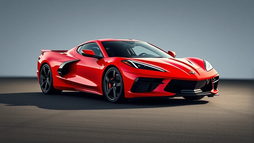 2024 Chevrolet Corvette C8 mid-engine sports car in bright red, shot from three-quarter angle on smooth asphalt, dramatic lighting highlighting muscular curves and aggressive front fascia