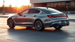Professional automotive photographer capturing sleek sedan profile during golden hour, side view emphasizing body lines and curves, luxury sedan with modern design elements