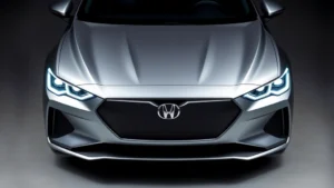 Sleek modern sedan from above showing aggressive front grille and LED headlights, silver metallic finish, professional automotive photography style