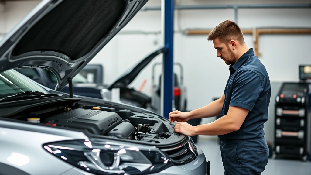 Professional mechanic performing routine vehicle maintenance on a modern sedan, checking engine components and fluid levels in a well-lit service bay with diagnostic equipment visible