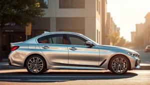 2024 BMW 3 Series luxury sedan profile view, silver metallic paint, modern design, sunlit street setting, professional photography