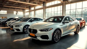 Sunlit showroom with mixed sedan and crossover vehicles displayed, professional lighting, clean concrete floor, warm natural light through windows, automotive photography style