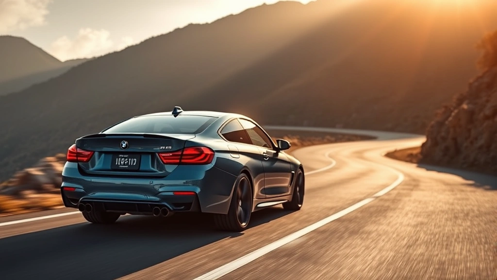 High-performance BMW M440i xDrive in metallic blue, shot from three-quarter angle on winding mountain road with dramatic lighting, professional automotive photography style
