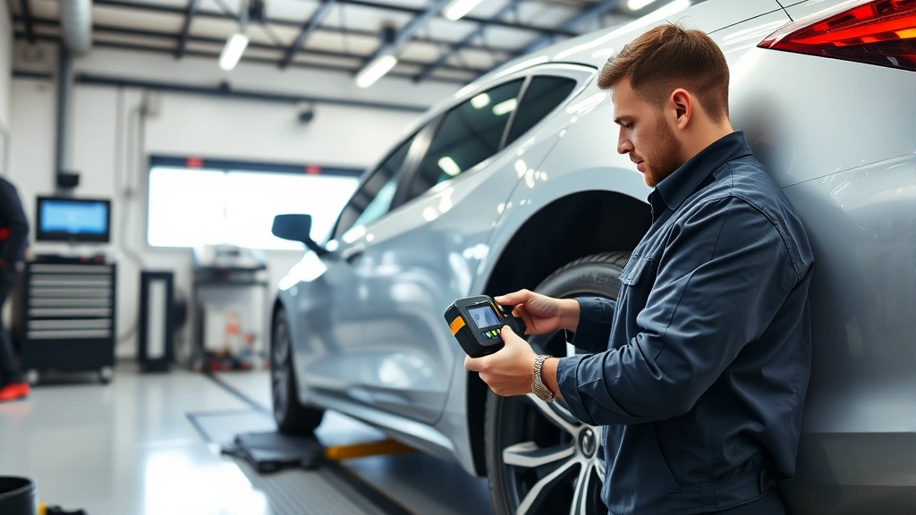 Professional mechanic checking tire pressure with digital gauge on modern sedan in bright automotive service bay with diagnostic equipment visible