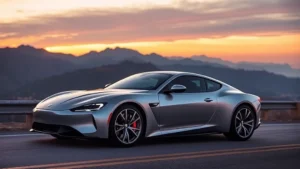 Sleek luxury sports sedan in metallic silver parked on mountain road at sunset, professional automotive photography, sharp focus on vehicle design and curves