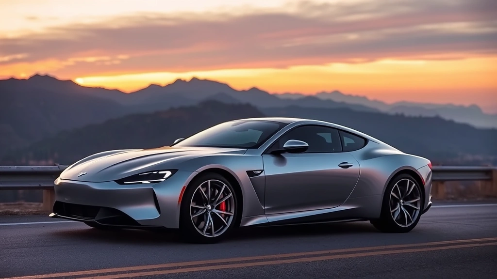 Sleek luxury sports sedan in metallic silver parked on mountain road at sunset, professional automotive photography, sharp focus on vehicle design and curves