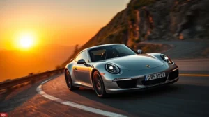 Porsche 911 Carrera driving on winding mountain road at sunset, dynamic motion, sleek silver exterior, professional automotive photography