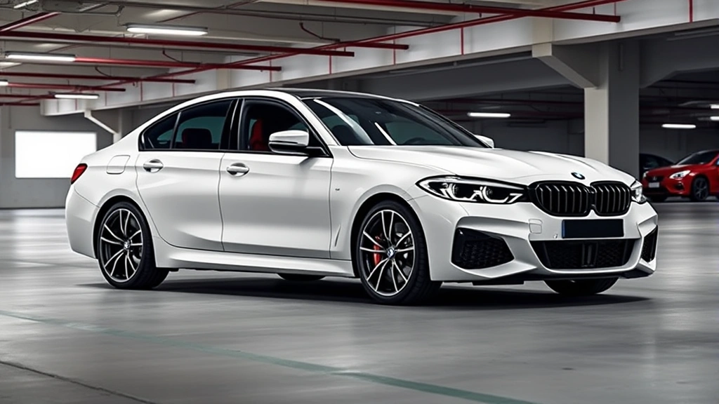 2024 BMW M440i xDrive sedan, pearl white, professional three-quarter angle photography, modern urban parking garage setting, emphasizing sleek design and turbocharged engineering