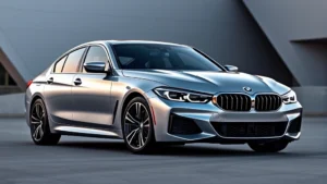 Sleek BMW M440i xDrive luxury sedan in metallic silver, photographed from three-quarter angle against modern architectural backdrop, showcasing muscular lines and LED headlights