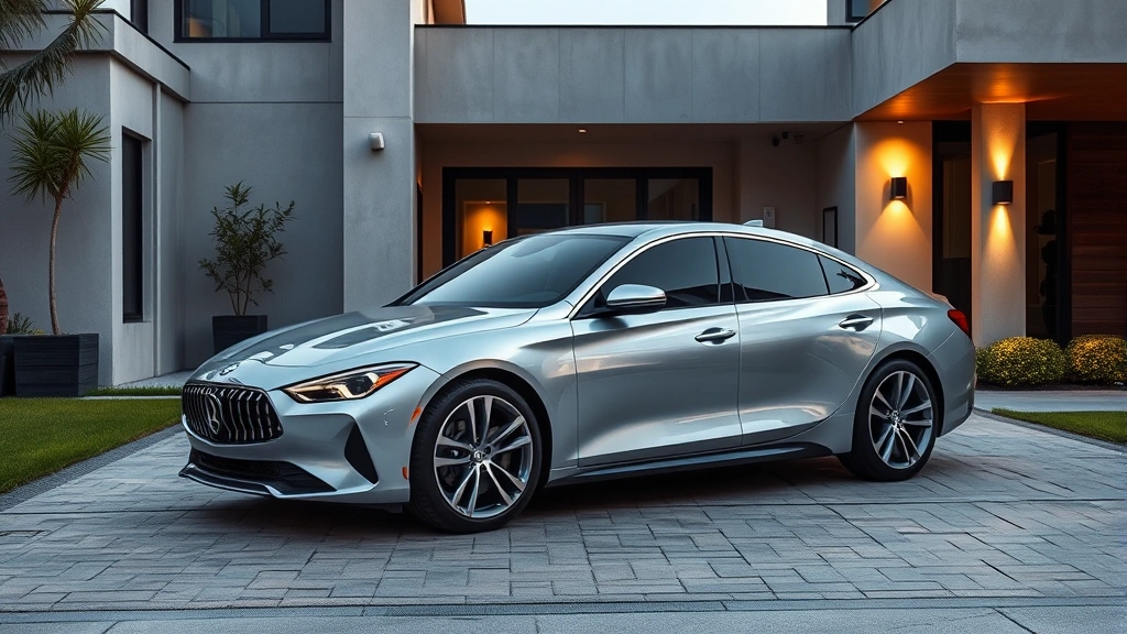 Sleek silver luxury sedan parked on modern architectural driveway, professional studio lighting, premium wheels visible, pristine condition, contemporary design elements