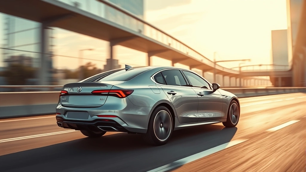Sleek 2024 sedan in metallic silver photographed from three-quarter angle on modern highway with dynamic lighting and blurred urban landscape background