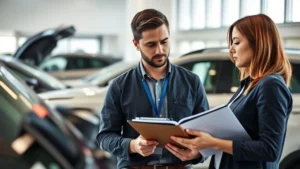 Professional automotive journalist reviewing vehicle specifications in modern showroom with clipboard and diagnostic tools, natural lighting, focused expression