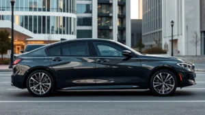 2024 BMW 3 Series sedan parked in modern urban setting with contemporary architecture, showing sleek profile and refined design details, professional automotive photography style