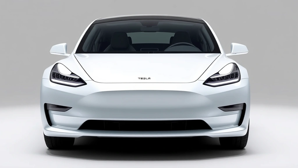 2024 Tesla Model Y front three-quarter view, sleek white exterior, modern LED headlights, clean minimalist design, professional automotive photography