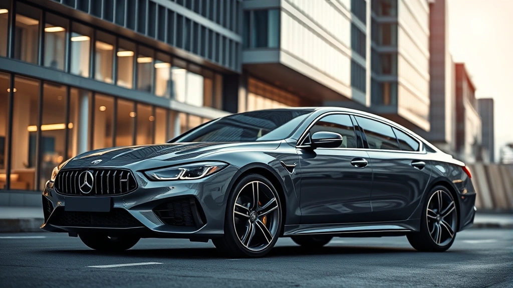 Professional automotive photography: sleek luxury sedan parked on modern urban street with contemporary architecture background, professional lighting, sharp focus on vehicle details
